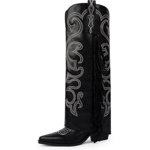 Women's Black Knee High Fold Over Fringe Western Embroidery Pointy Toe Chunky